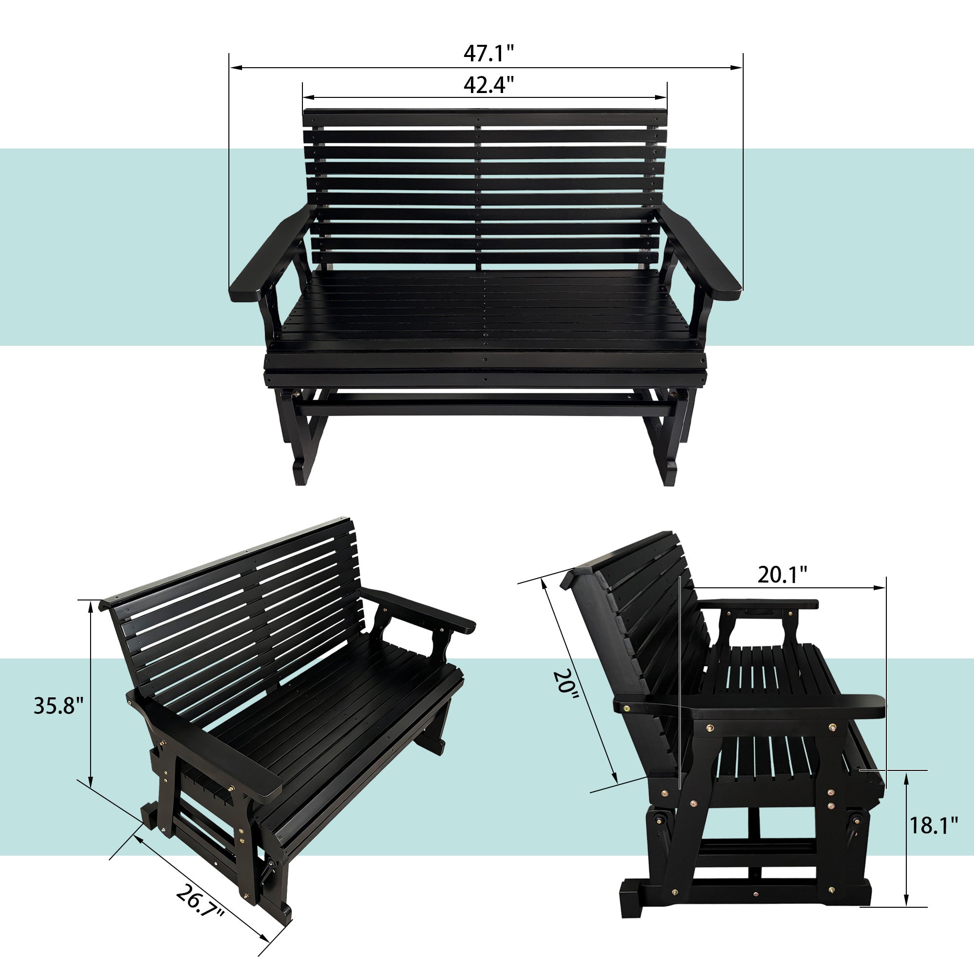Wooden Patio Glider with High Roll Back and Deep Contoured Seat, Solid Fir Wood, 2-Seater, Heavy Duty 800 LBS, 4 Ft. (Carbon Black)