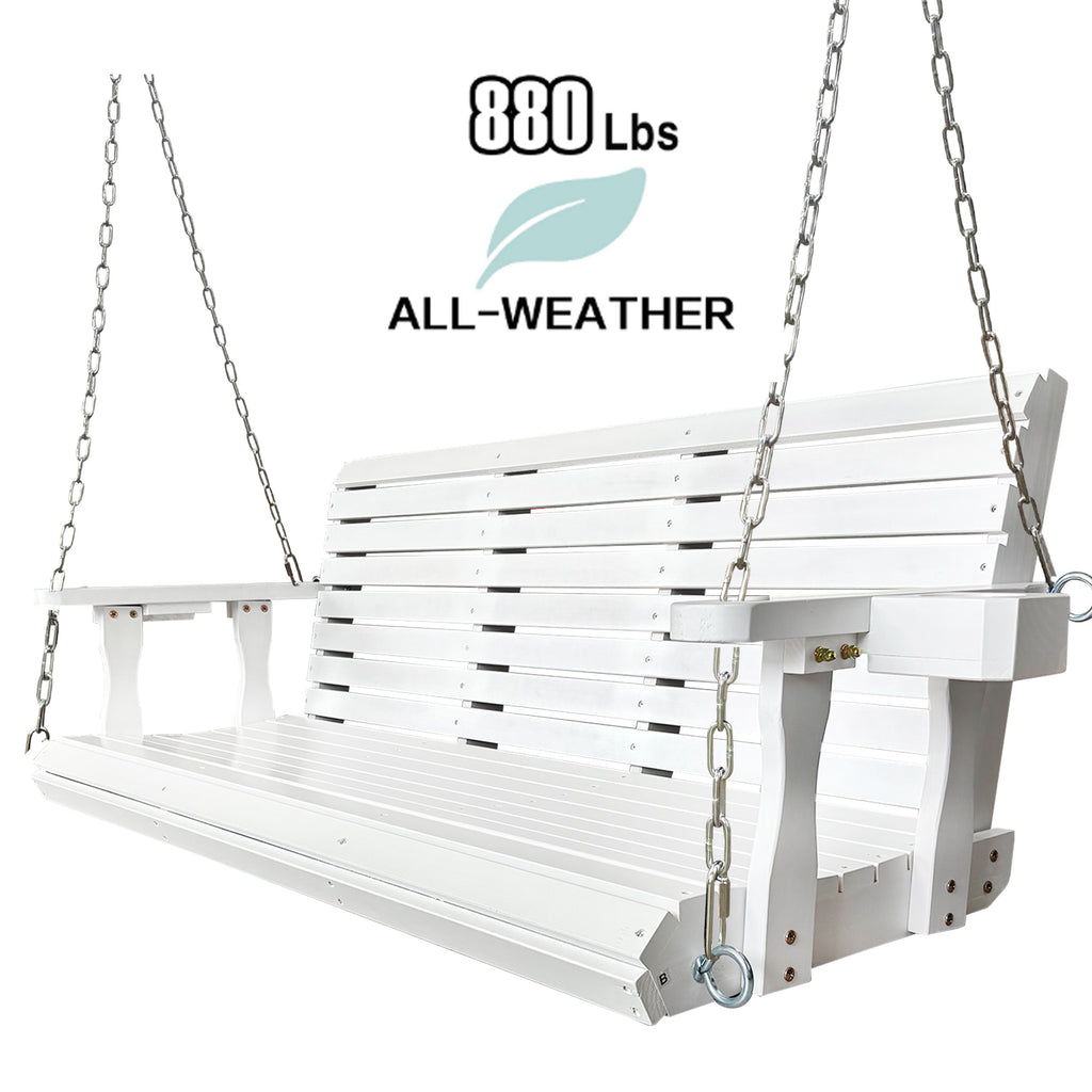 Wooden Porch Swing 3-Seater, High Backrest and Deep Seat, Bench Swing with Cupholders, Hanging Chains and 7mm Springs, Heavy Duty 880 LBS, for Outdoor Patio Garden (Pure White, 5 FT Extra Large)