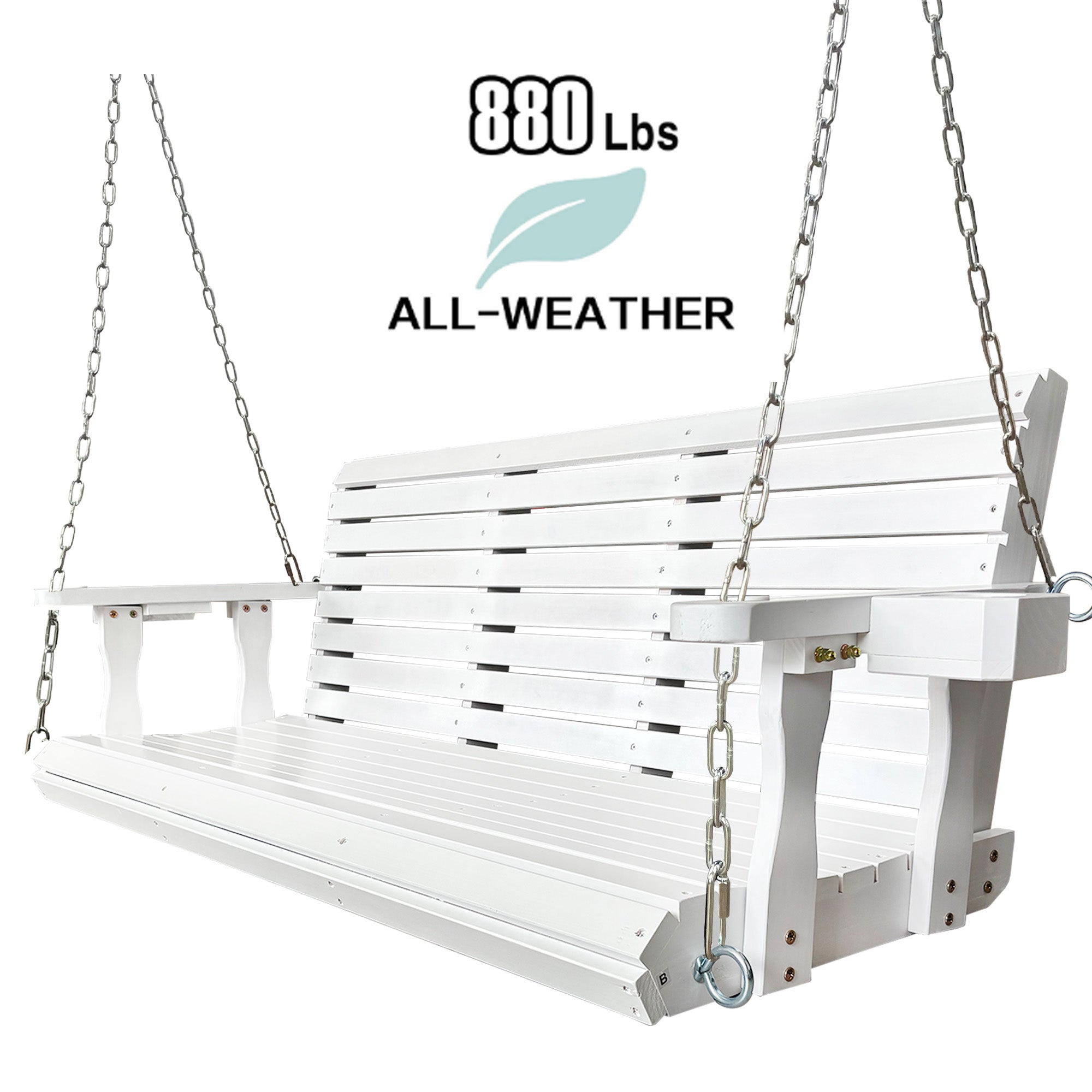 Wooden Porch Swing 3-Seater, High Backrest and Deep Seat, Bench Swing with Cupholders, Hanging Chains and 7mm Springs, Heavy Duty 880 LBS, for Outdoor Patio Garden (Pure White, 5 FT Extra Large)