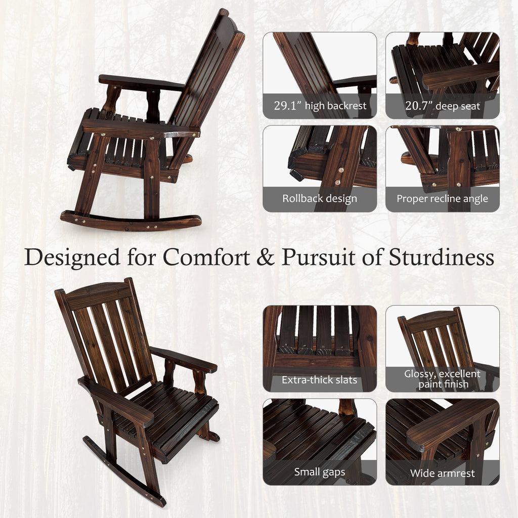 Wooden Rocking Chair with Comfortable Backrest Inclination, High Backrest and Deep Contoured Seat, Solid Fir Wood, Heavy Duty 600 LBS, for Both Outdoor and Indoor, Porch and Patio (Rustic)