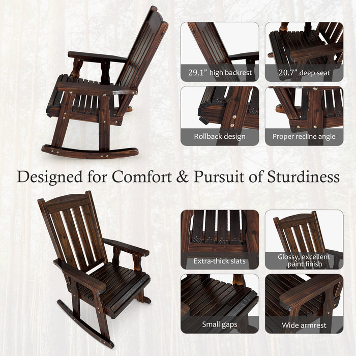 Wooden Rocking Chair with Comfortable Backrest Inclination, High Backrest and Deep Contoured Seat, Solid Fir Wood, Heavy Duty 600 LBS, for Both Outdoor and Indoor, Porch and Patio (Rustic)