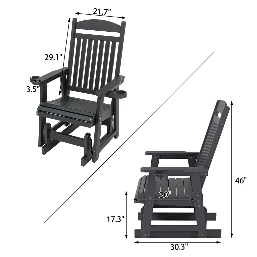 Poly Lumber Patio Glider for One Person, with Cup Holders, High Backrest and Deep Contoured Seat, HIPS Material, All-Weather Resistant, Heavy Duty 700 LBS (Matte Black)