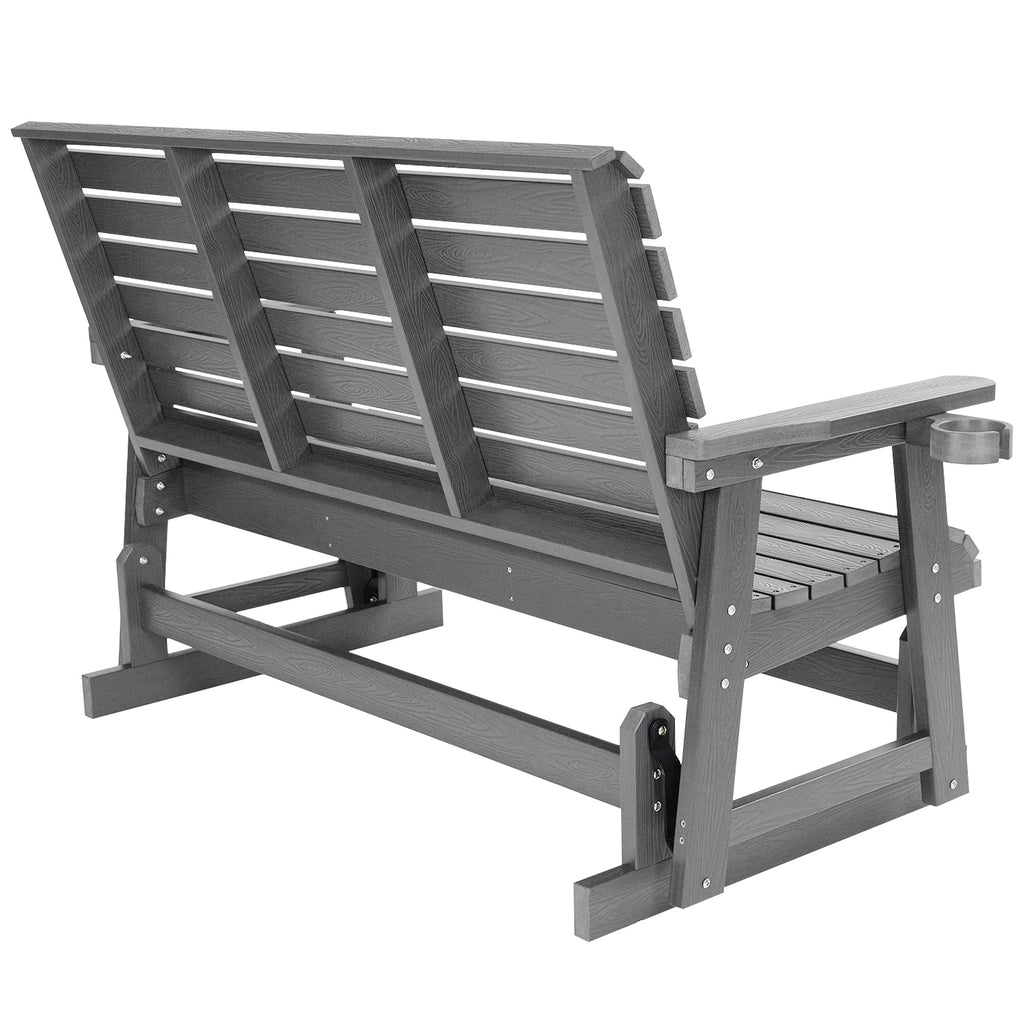 HIPS Patio Glider with Cup Holders, Durable Poly Lumber Material, All-Weather Resistant, High Backrest and Deep Contoured Seat, Ladder Back, Heavy Duty 900 LB, for Outdoor, Patio (Gray, 3-Seat)