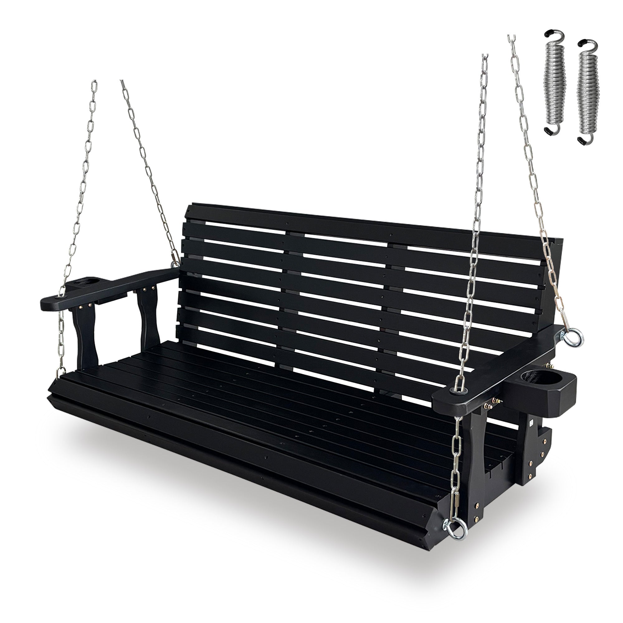 Wooden Porch Swing 3-Seater, High Backrest and Deep Seat, Bench Swing with Cupholders, Hanging Chains and 7mm Springs, Heavy Duty 880 LBS, for Outdoor Patio Garden (Carbon Black, 5 FT Extra Large)