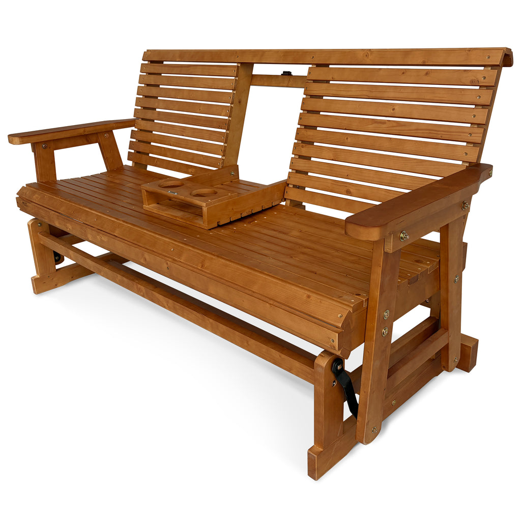 Patio Glider with Foldable Cup Holders, High Roll Back and Deep Contoured Seat, Heavy Duty 800 Lb (Brown, 2-Seater)