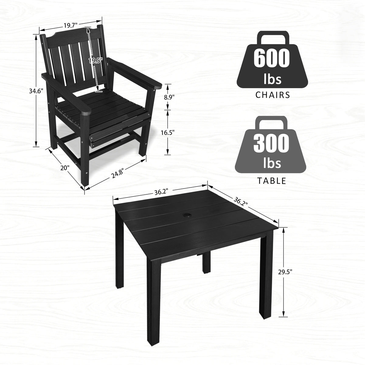 Modern HDPE Patio Dining Set, Poly Lumber Table and Chair, with Umbrella Hole, Weather Resistant, for Outdoor, Yard, Lawn (Black, 5 Piece - 36.2'' Table)