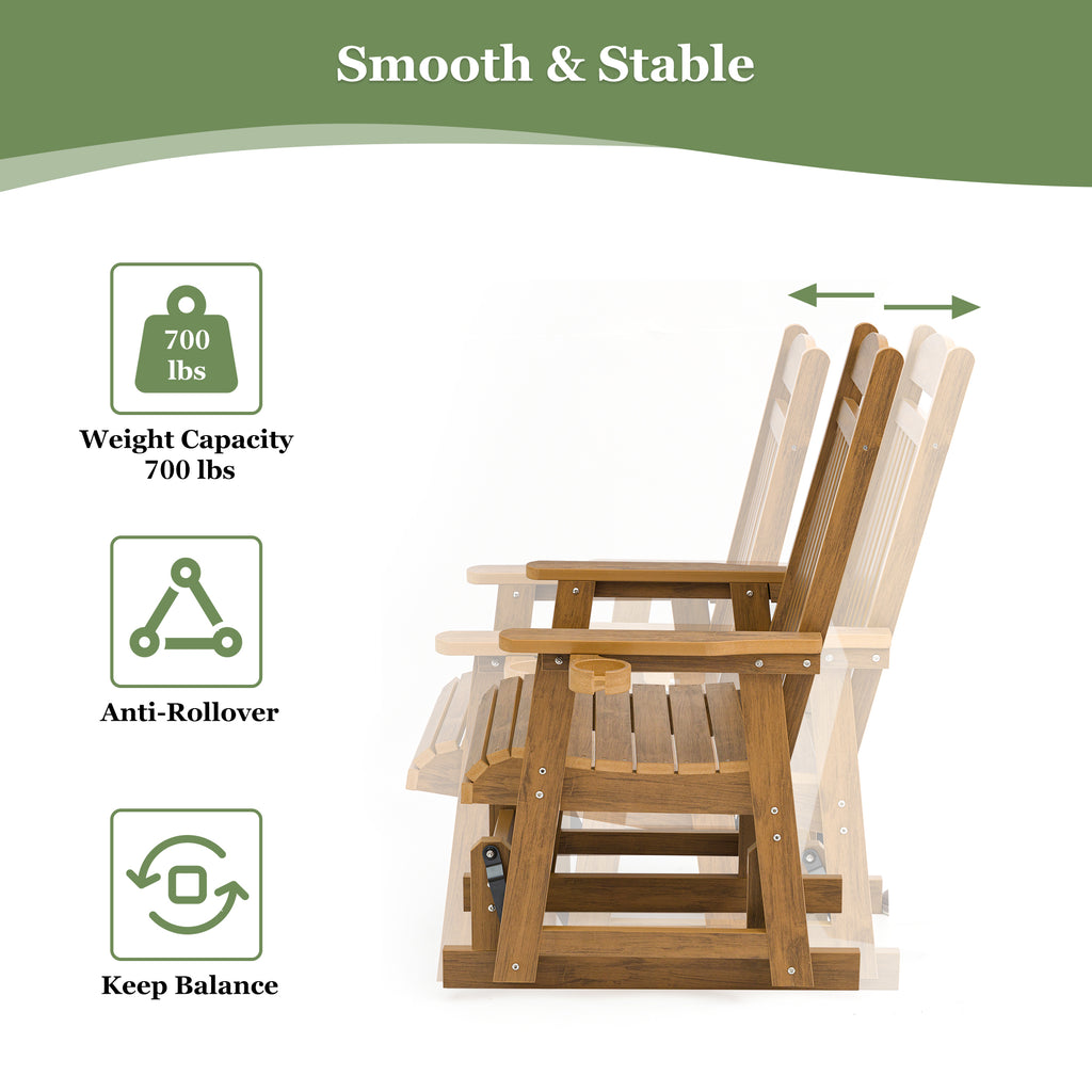 Poly Lumber Patio Glider for One Person, with Cup Holders, High Backrest and Deep Contoured Seat, HIPS Material, All-Weather Resistant, Heavy Duty 700 LBS (Light Brown)