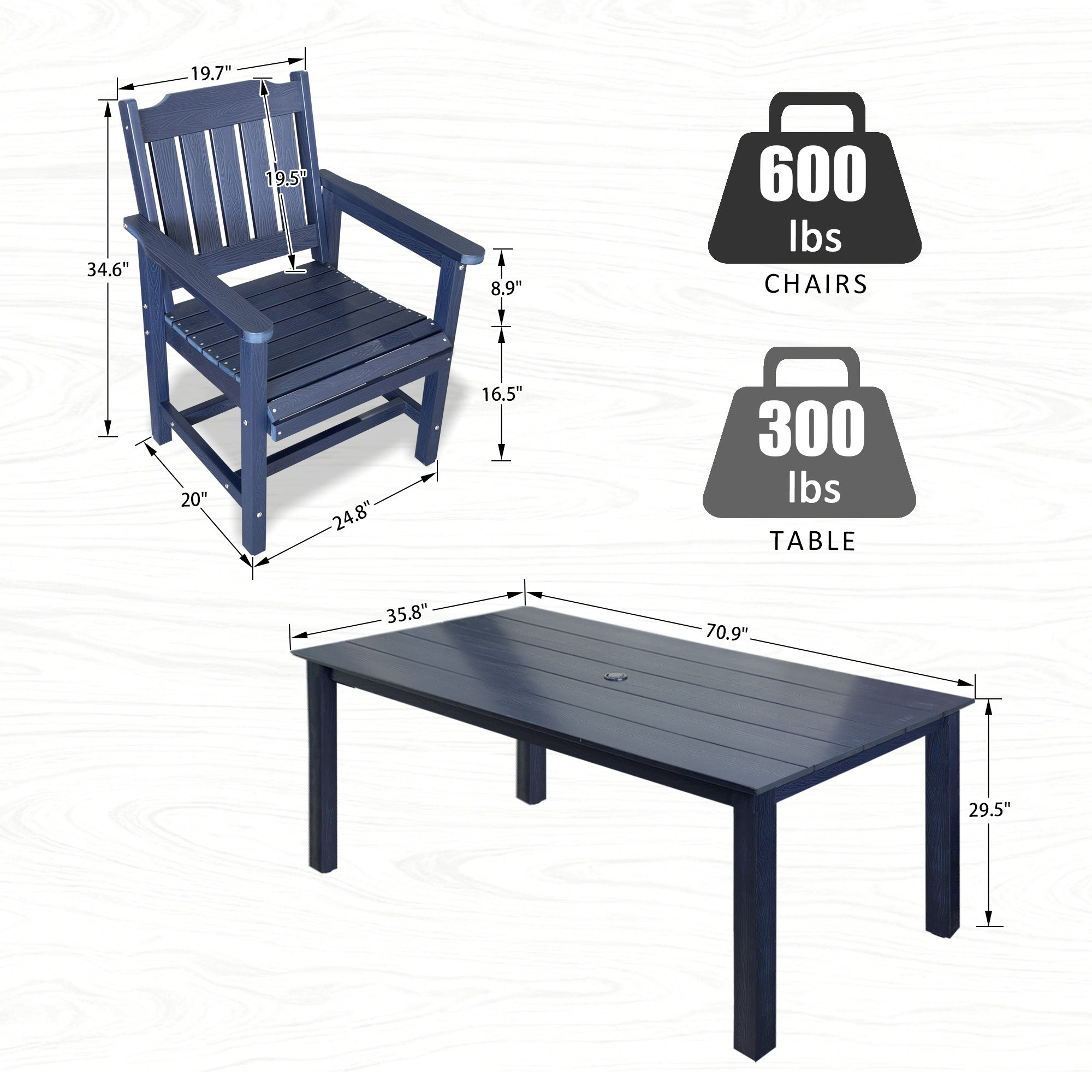 Modern HDPE Patio Dining Set, Poly Lumber Table and Chair, with Umbrella Hole, Weather Resistant, for Outdoor, Yard, Lawn (5 Piece, Navy Blue)