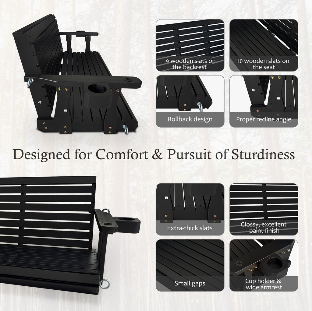 Wooden Porch Swing 3-Seater, High Backrest and Deep Seat, Bench Swing with Cupholders, Hanging Chains and 7mm Springs, Heavy Duty 880 LBS, for Outdoor Patio Garden (Carbon Black, 5 FT Extra Large)