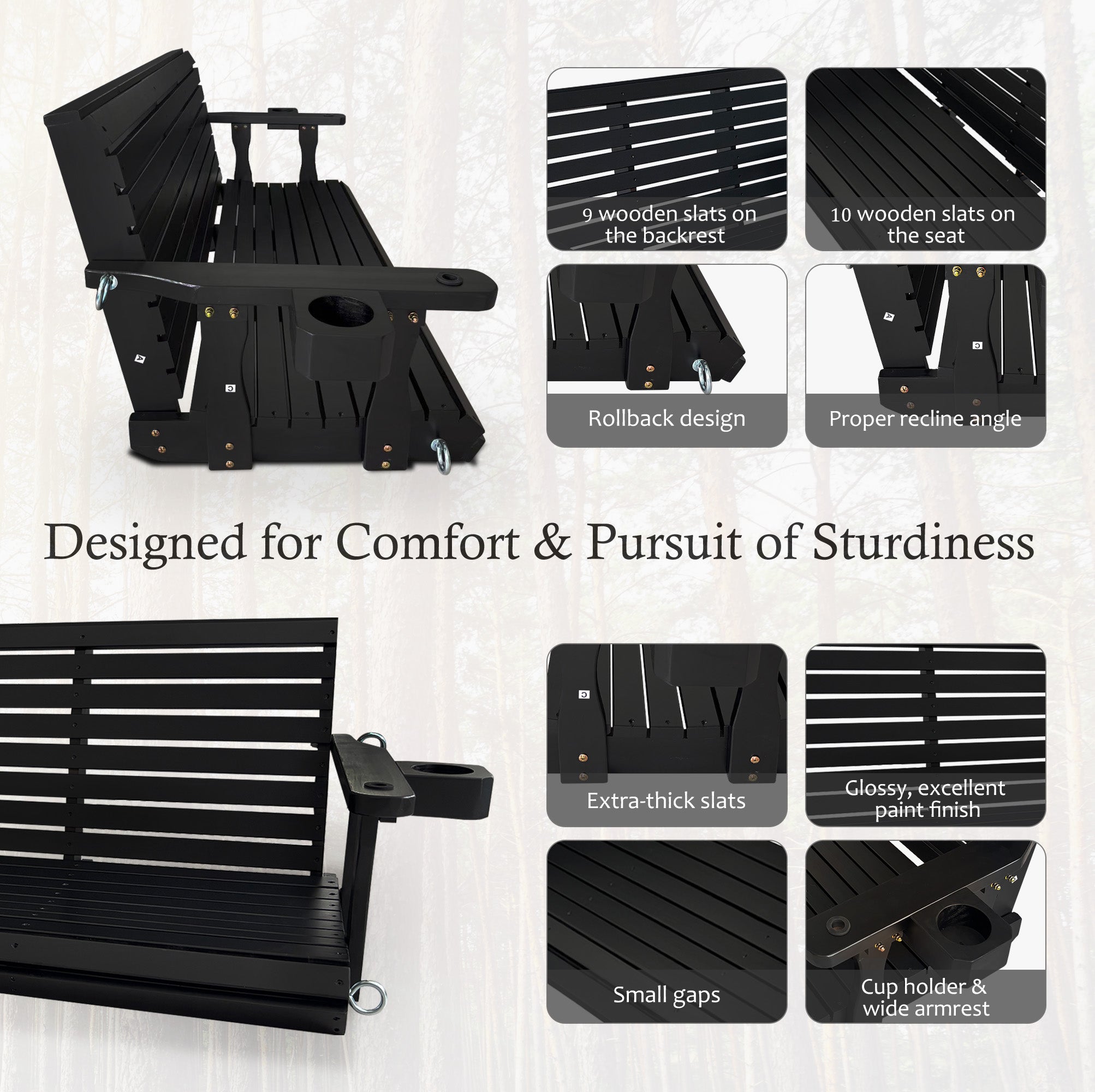 Wooden Porch Swing 3-Seater, High Backrest and Deep Seat, Bench Swing with Cupholders, Hanging Chains and 7mm Springs, Heavy Duty 880 LBS, for Outdoor Patio Garden (Carbon Black, 5 FT Extra Large)