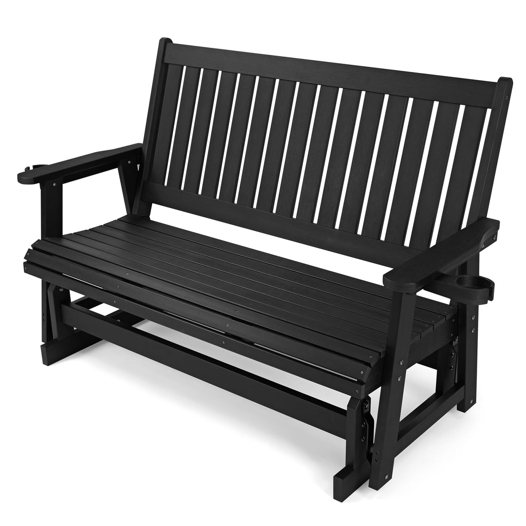 HIPS Patio Glider with Cup Holders, All-Weather Resistant, High Backrest and Deep Contoured Seat, Heavy Duty 900 LB (3 Seat - Carbon Black)