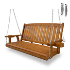 Wooden Porch Swing 3-Seater, Bench Swing with Cupholders, Heavy Duty 800 LBS, for Outdoor Patio Garden (Warm Teak Color, 5 FT Extra Large)
