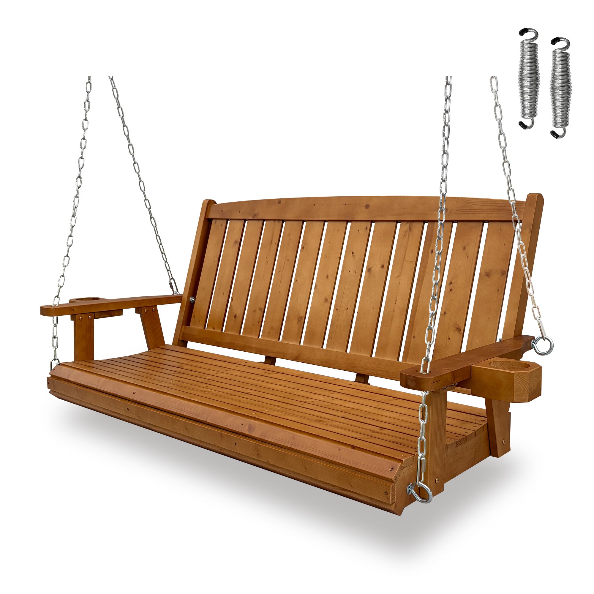 Wooden Porch Swing 3-Seater, Bench Swing with Cupholders, Heavy Duty 800 LBS, for Outdoor Patio Garden (Warm Teak Color, 5 FT Extra Large)