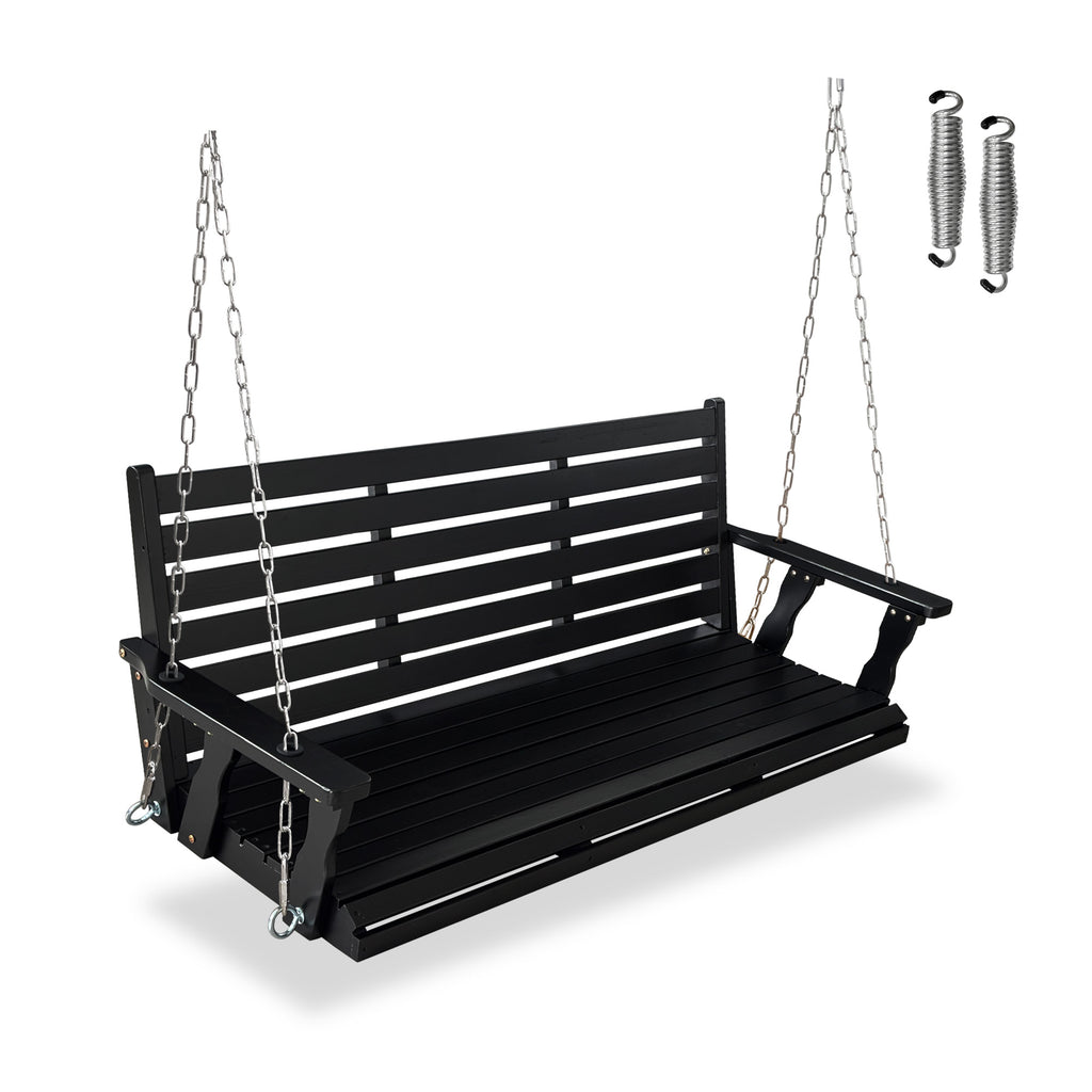 Wooden Porch Swing, Ergonomic Seat, Bench Swing with Hanging Chains and 7mm Springs, Heavy Duty 800 LBS, for Outdoor Patio Garden Yard (Carbon Black, 3-Seater Extra Large)