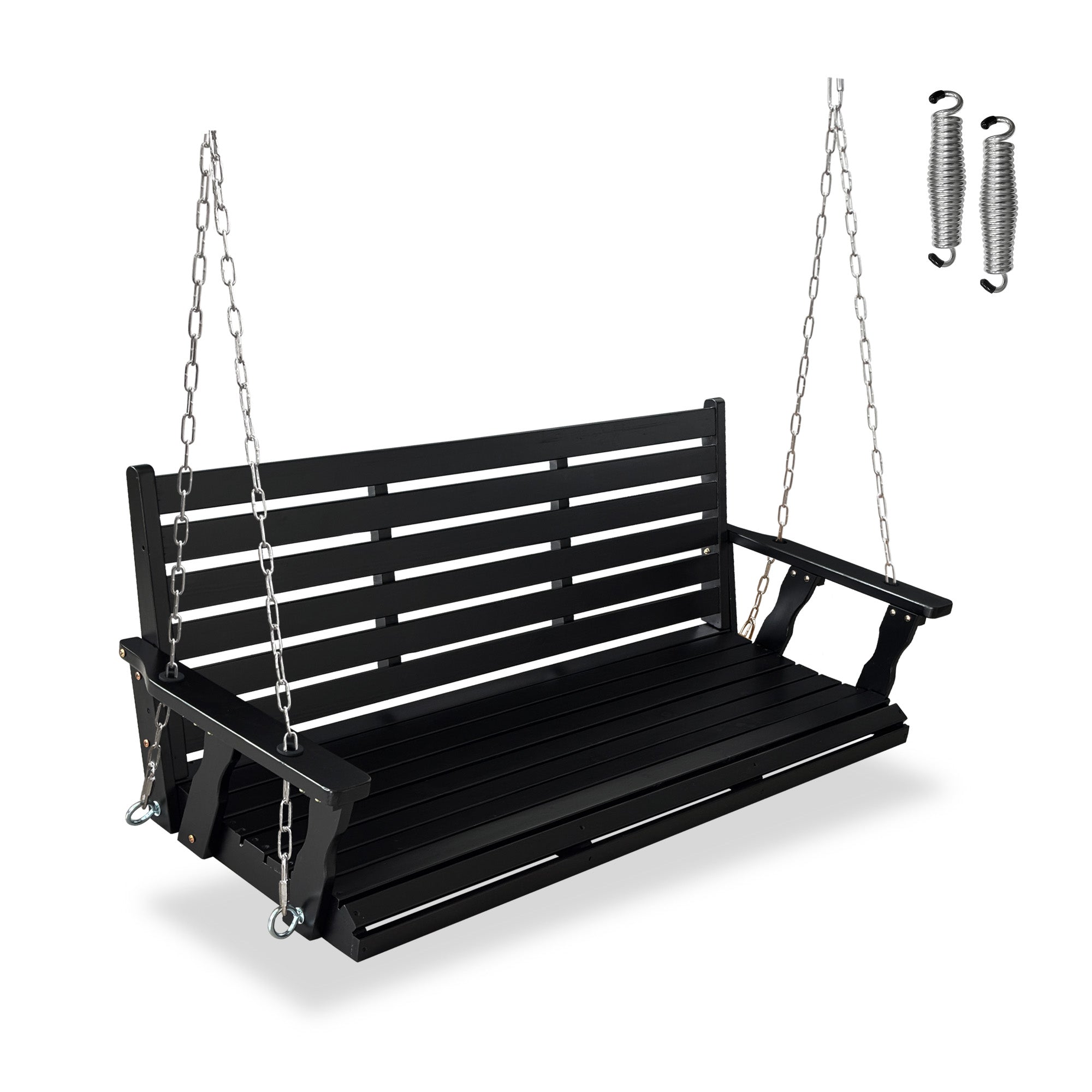 Wooden Porch Swing, Ergonomic Seat, Bench Swing with Hanging Chains and 7mm Springs, Heavy Duty 800 LBS, for Outdoor Patio Garden Yard (Carbon Black, 3-Seater Extra Large)