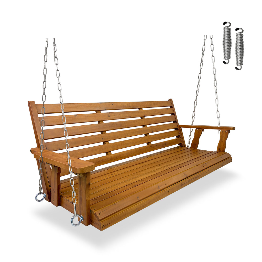 Wooden Porch Swing, Ergonomic Seat, Bench Swing with Hanging Chains and 7mm Springs, Heavy Duty 800 LBS, for Outdoor Patio Garden Yard (Warm Teak Color, 3-Seater Extra Large)
