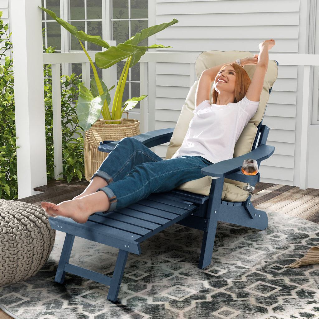 Poly Lumber Adirondack Chair with Cup Holders, Ottoman and Cushion, Adjustable Backrest, All-Weather Resistant HIPS Material, Wood-Like Pattern, Heavy Duty 700 LBS (Navy Blue)