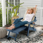 Poly Lumber Adirondack Chair with Cup Holders, Ottoman and Cushion, Adjustable Backrest, All-Weather Resistant HIPS Material, Wood-Like Pattern, Heavy Duty 700 LBS (Navy Blue)