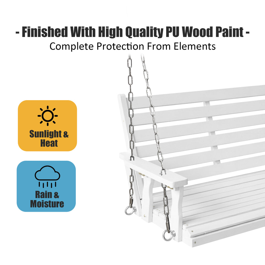 Wooden Porch Swing, Ergonomic Seat, Bench Swing with Hanging Chains and 7mm Springs, Heavy Duty 800 LBS, for Outdoor Patio Garden Yard (White, 3-Seater Extra Large)
