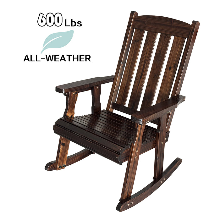 Wooden Rocking Chair with Comfortable Backrest Inclination, High Backrest and Deep Contoured Seat, Solid Fir Wood, Heavy Duty 600 LBS, for Both Outdoor and Indoor, Porch and Patio (Rustic)
