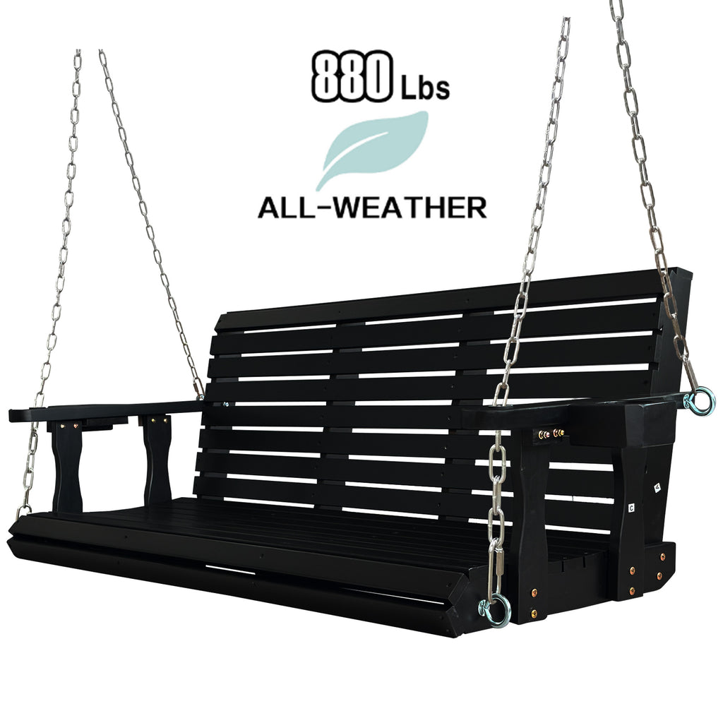 Wooden Porch Swing 3-Seater, High Backrest and Deep Seat, Bench Swing with Cupholders, Hanging Chains and 7mm Springs, Heavy Duty 880 LBS, for Outdoor Patio Garden (Carbon Black, 5 FT Extra Large)