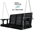 Wooden Porch Swing 3-Seater, High Backrest and Deep Seat, Bench Swing with Cupholders, Hanging Chains and 7mm Springs, Heavy Duty 880 LBS, for Outdoor Patio Garden (Carbon Black, 5 FT Extra Large)