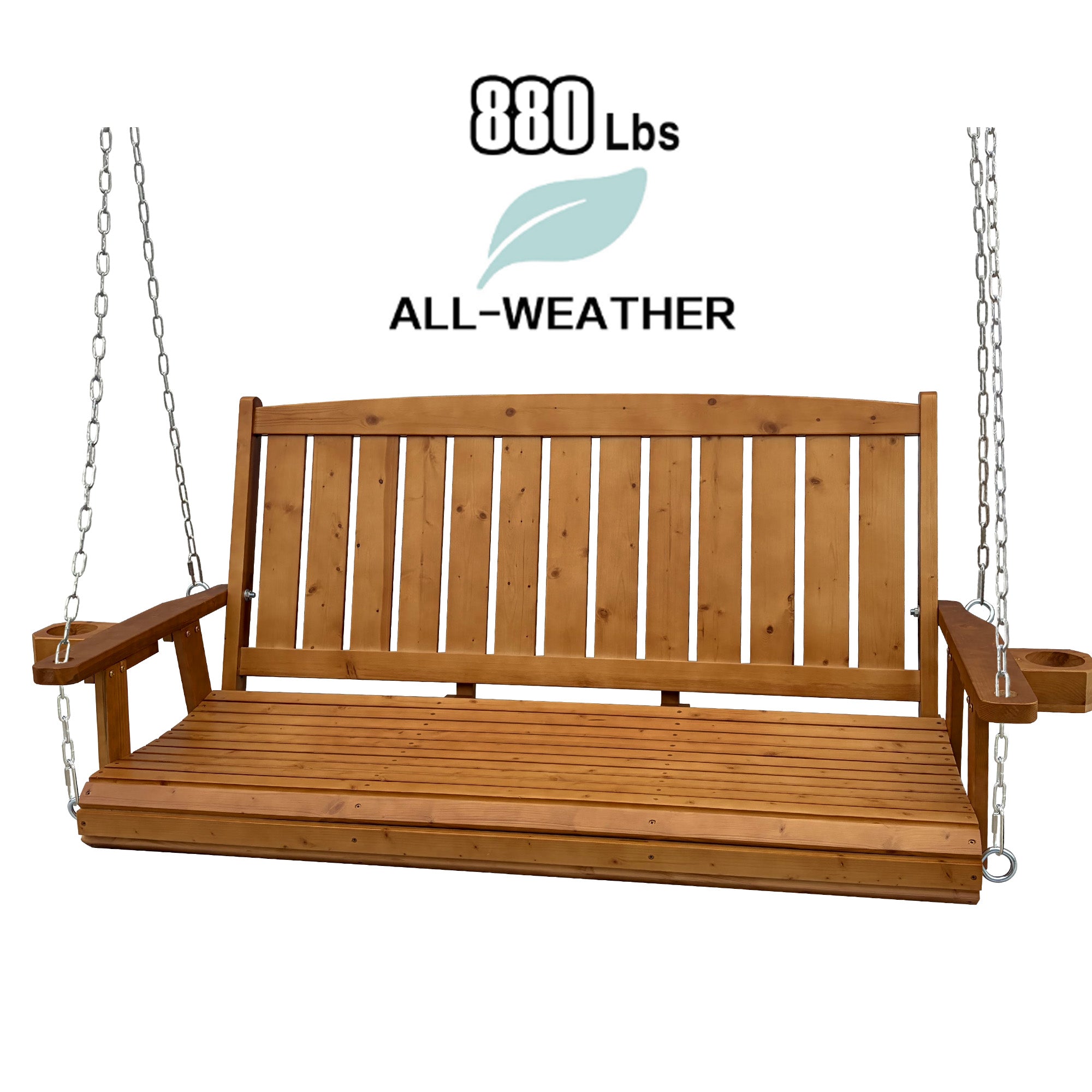 Wooden Porch Swing 3-Seater, Bench Swing with Cupholders, Heavy Duty 800 LBS, for Outdoor Patio Garden (Warm Teak Color, 5 FT Extra Large)