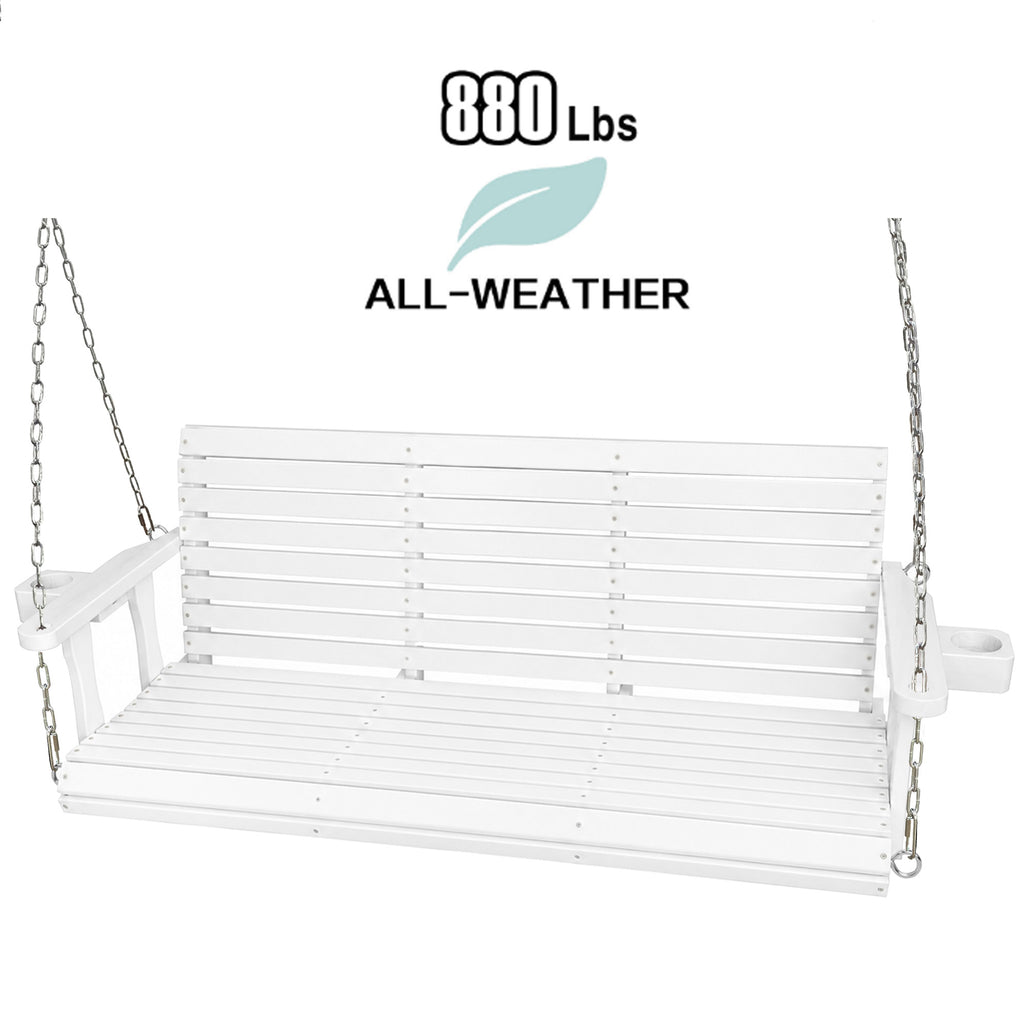 Fortune Candy Extended 3-Seater Wooden Porch Swing with Seat Cushion, Cup Holders, Hanging Chains and 7mm Springs, Heavy Duty 880 LBS (White, 5.5 FT)