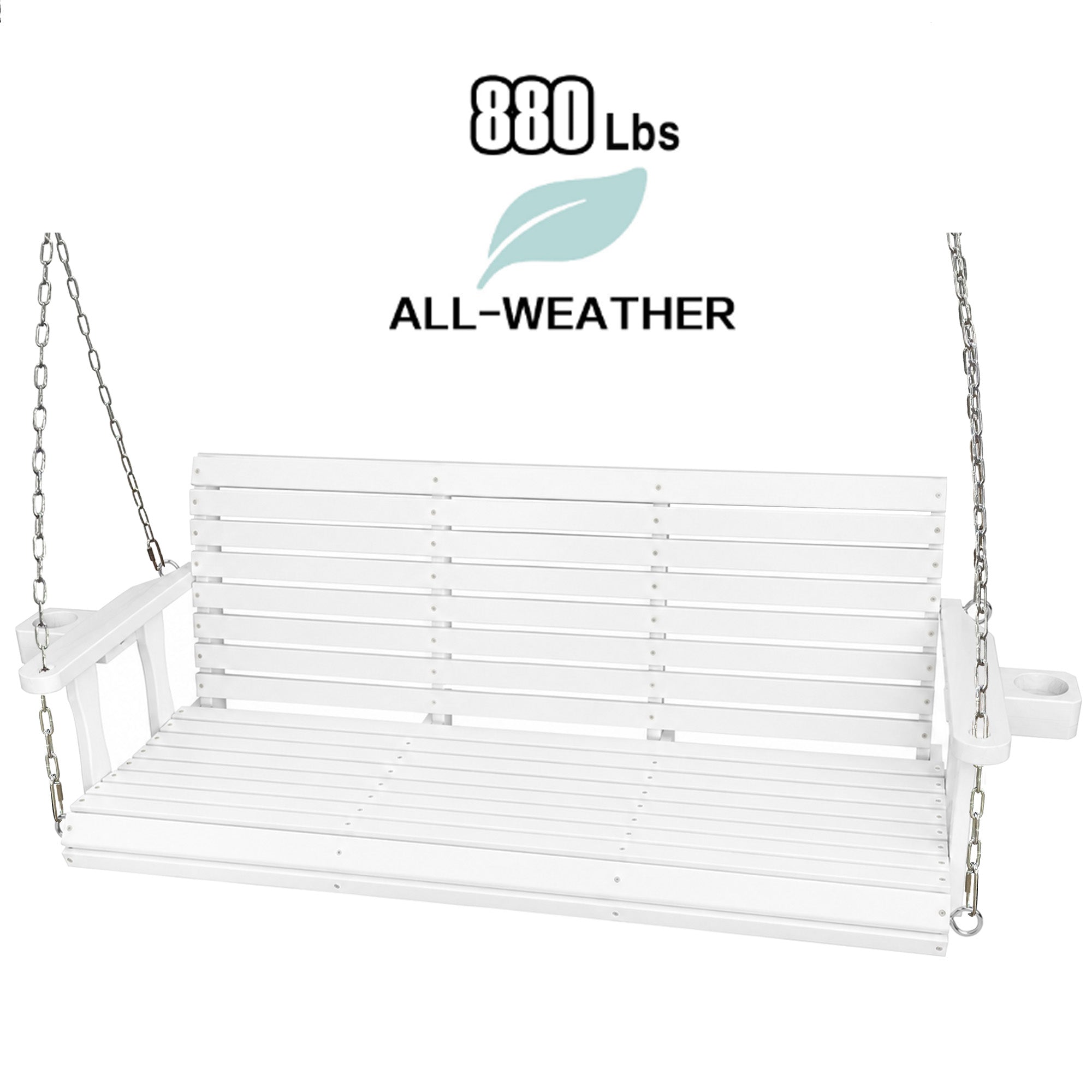 Fortune Candy Extended 3-Seater Wooden Porch Swing with Seat Cushion, Cup Holders, Hanging Chains and 7mm Springs, Heavy Duty 880 LBS (White, 5.5 FT)