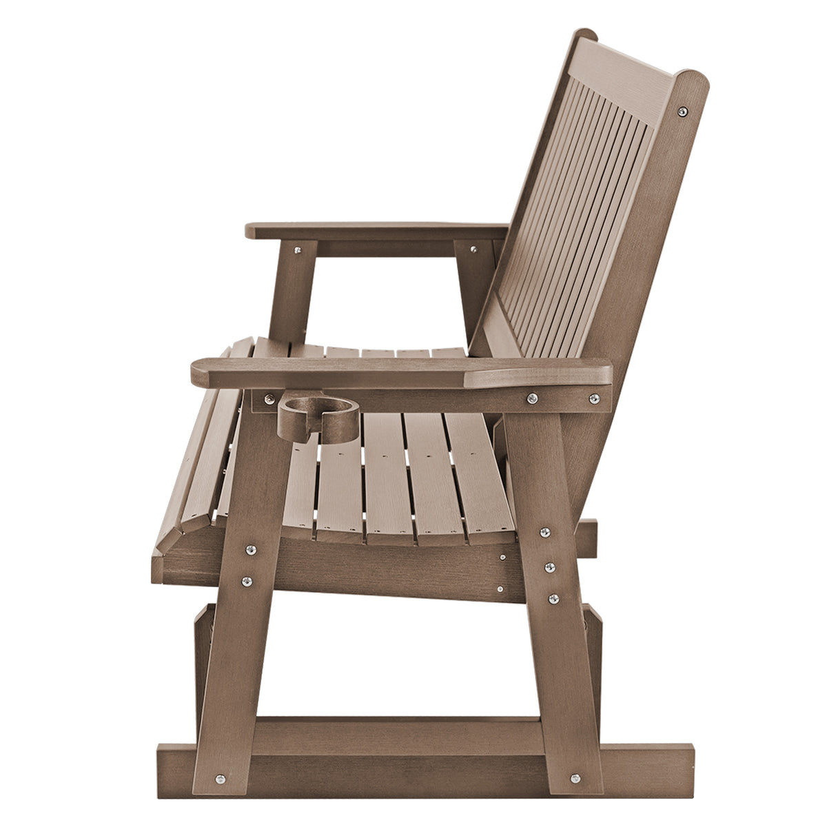 HIPS Patio Glider with Cup Holders, All-Weather Resistant, High Backrest and Deep Contoured Seat, Heavy Duty 900 LB (3 Seat - Brown)