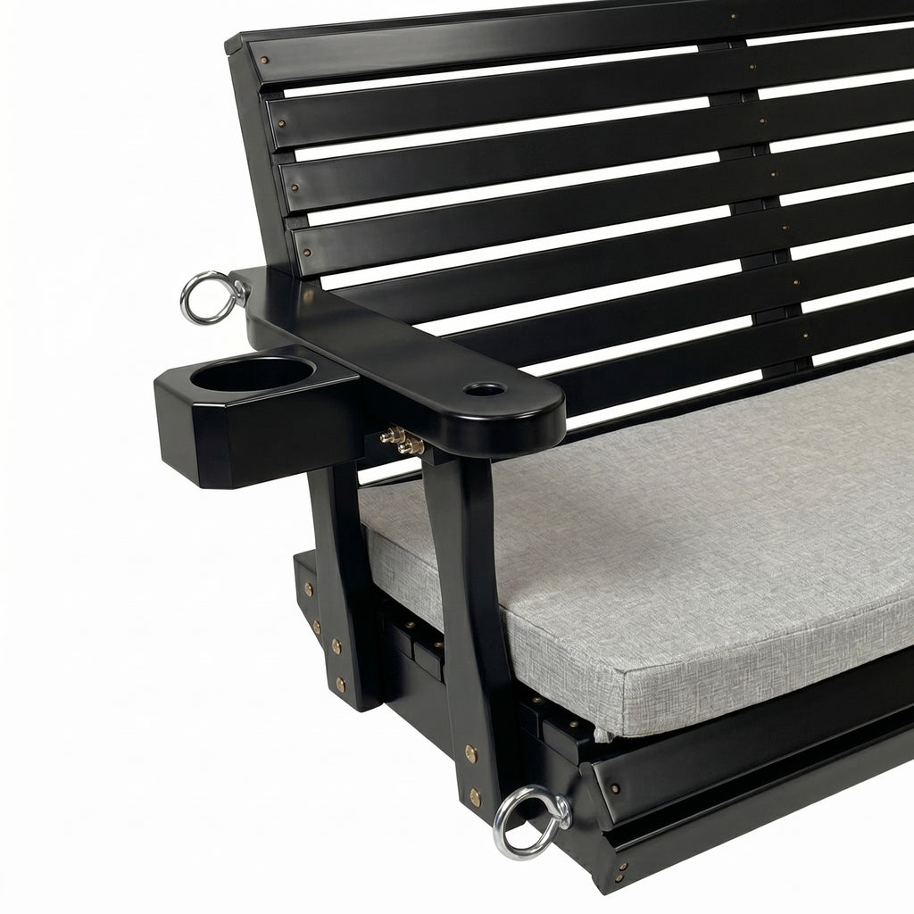 Fortune Candy Extended 3-Seater Wooden Porch Swing with Seat Cushion, Cup Holders, Hanging Chains and 7mm Springs, Heavy Duty 880 LBS (Black, 5.5 FT)