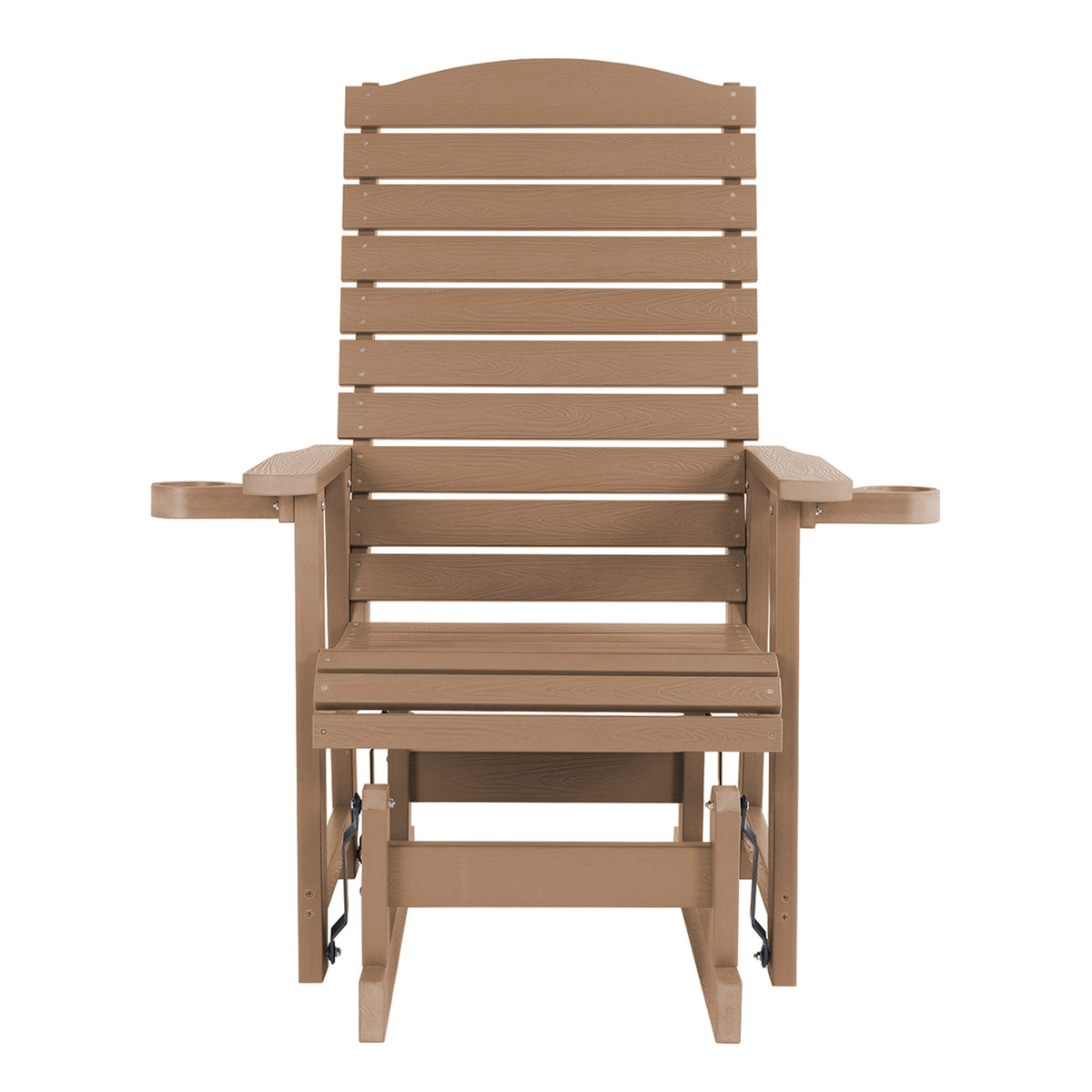Poly Lumber Patio Glider for One Person, with Cup Holders, High Backrest and Deep Contoured Seat, HIPS Material, All-Weather Resistant, Heavy Duty 700 Pounds (Brown)