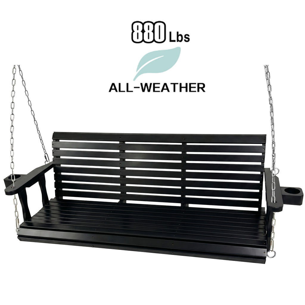 Fortune Candy Extended 3-Seater Wooden Porch Swing with Seat Cushion, Cup Holders, Hanging Chains and 7mm Springs, Heavy Duty 880 LBS (Black, 5.5 FT)