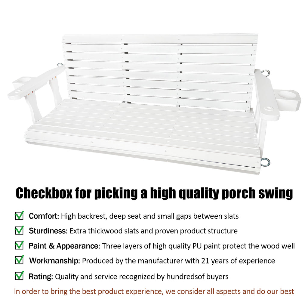 Wooden Porch Swing 3-Seater, High Backrest and Deep Seat, Bench Swing with Cupholders, Hanging Chains and 7mm Springs, Heavy Duty 880 LBS, for Outdoor Patio Garden (Pure White, 5 FT Extra Large)