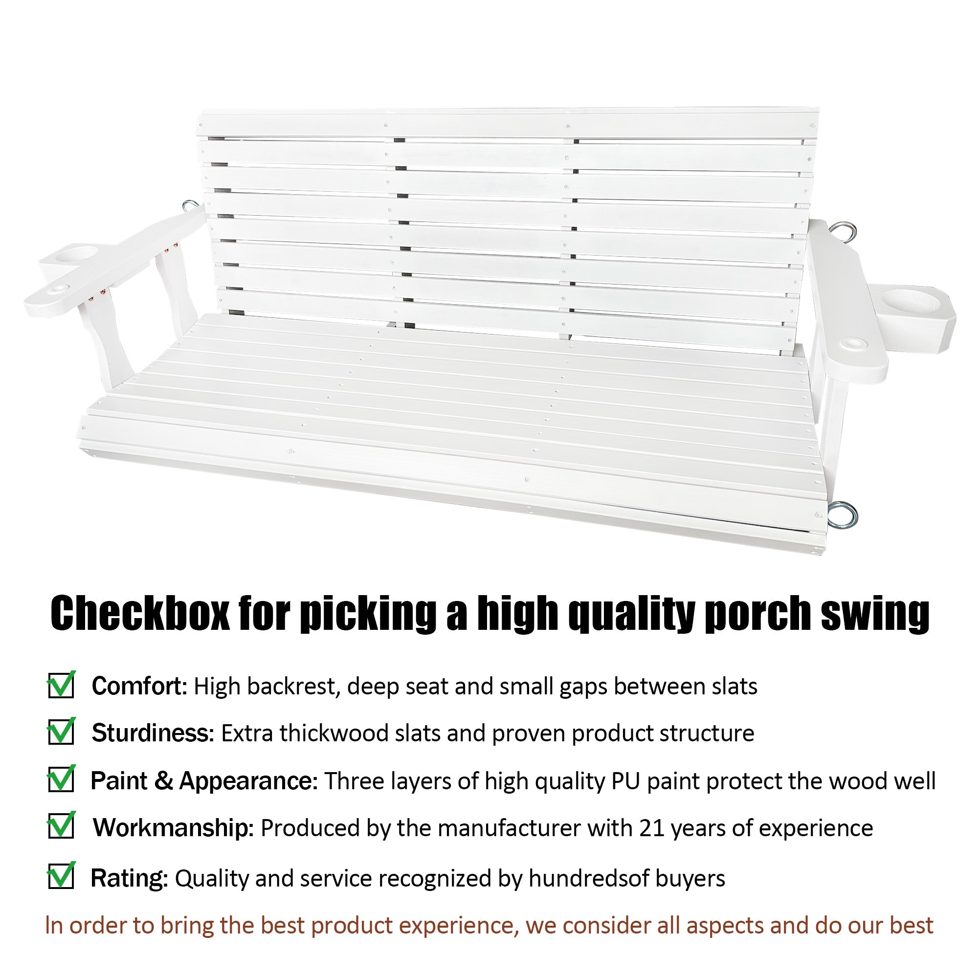 Wooden Porch Swing 3-Seater, High Backrest and Deep Seat, Bench Swing with Cupholders, Hanging Chains and 7mm Springs, Heavy Duty 880 LBS, for Outdoor Patio Garden (Pure White, 5 FT Extra Large)