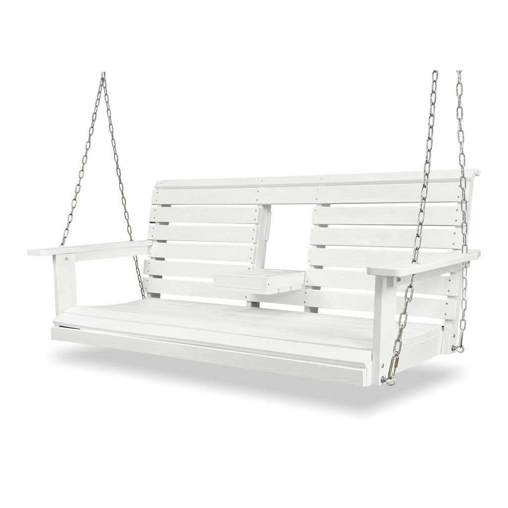 Poly Lumber 3-Seat Porch Swing, HIPS 5-Feet Bench Swing with Foldable Cup Holders,18/8 Stainless Steel Hardware, High Backrest and Deep Contoured Seat, White