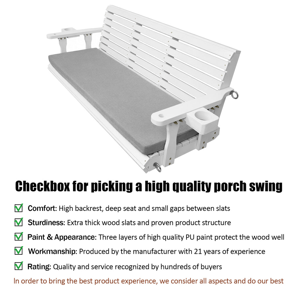Fortune Candy Extended 3-Seater Wooden Porch Swing with Seat Cushion, Cup Holders, Hanging Chains and 7mm Springs, Heavy Duty 880 LBS (White, 5.5 FT)