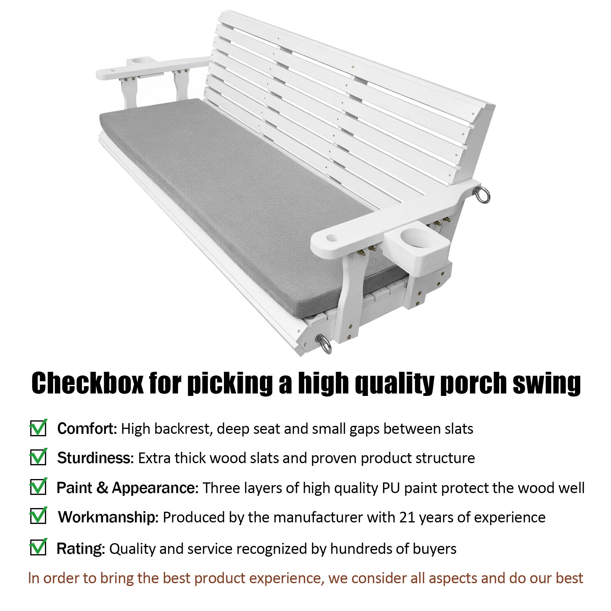 Fortune Candy Extended 3-Seater Wooden Porch Swing with Seat Cushion, Cup Holders, Hanging Chains and 7mm Springs, Heavy Duty 880 LBS (White, 5.5 FT)
