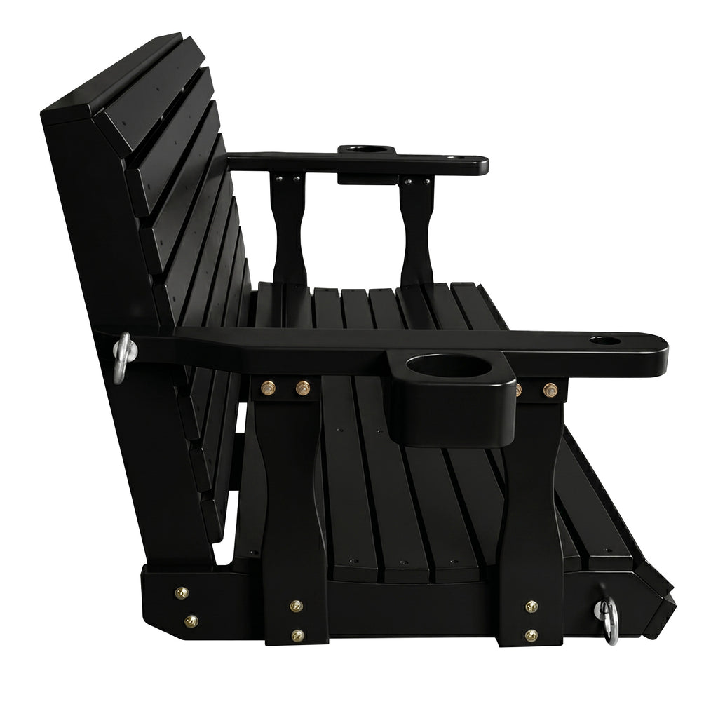 Fortune Candy Extended 3-Seater Wooden Porch Swing with Seat Cushion, Cup Holders, Hanging Chains and 7mm Springs, Heavy Duty 880 LBS (Black, 5.5 FT)
