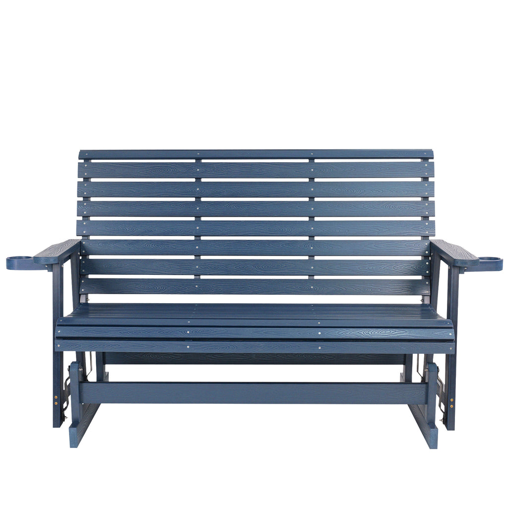 HIPS Patio Glider with Cup Holders, Durable Poly Lumber Material, All-Weather Resistant, High Backrest and Deep Contoured Seat, Ladder Back, Heavy Duty 900 LB, for Outdoor, Patio (Navy Blue, 3-Seat)