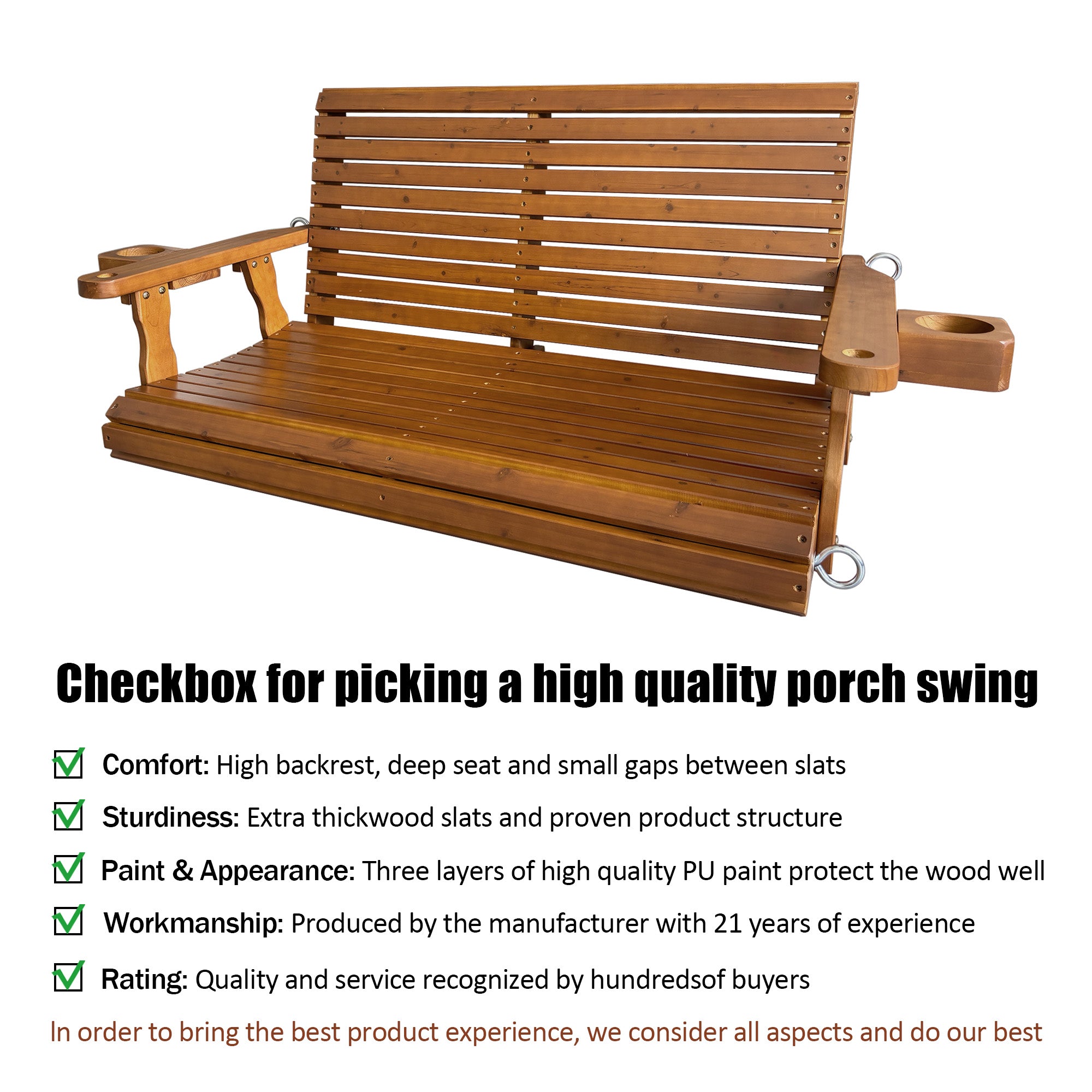 Wooden Porch Swing 2-Seater, High Backrest and Deep Seat, Bench Swing with Cupholders, Hanging Chains and 7mm Springs, Heavy Duty 880 LBS, for Outdoor Patio Garden (Cedar Tone - 4 FT Extra Large)