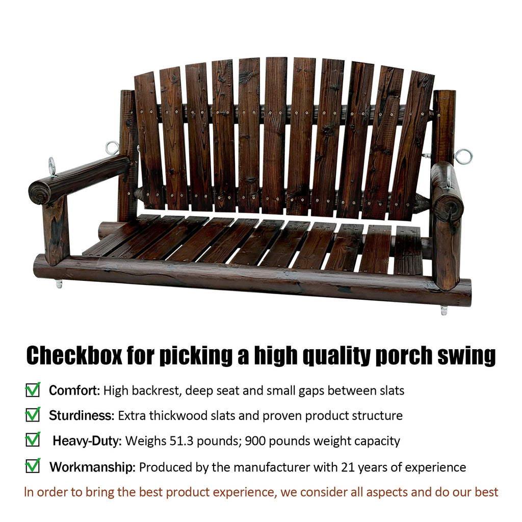 Rustic Log Wooden Porch Swing, Heavy-Duty 900 LBS, Outdoor Hanging Bench for Patio, Garden, Yard – Solid Fir Wood, Handcrafted, Weather-Resistant Finish