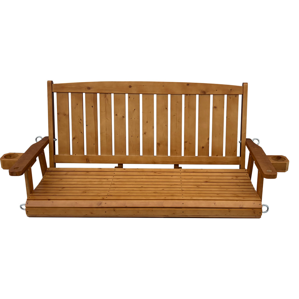 Wooden Porch Swing 3-Seater, Bench Swing with Cupholders, Heavy Duty 800 LBS, for Outdoor Patio Garden (Warm Teak Color, 5 FT Extra Large)