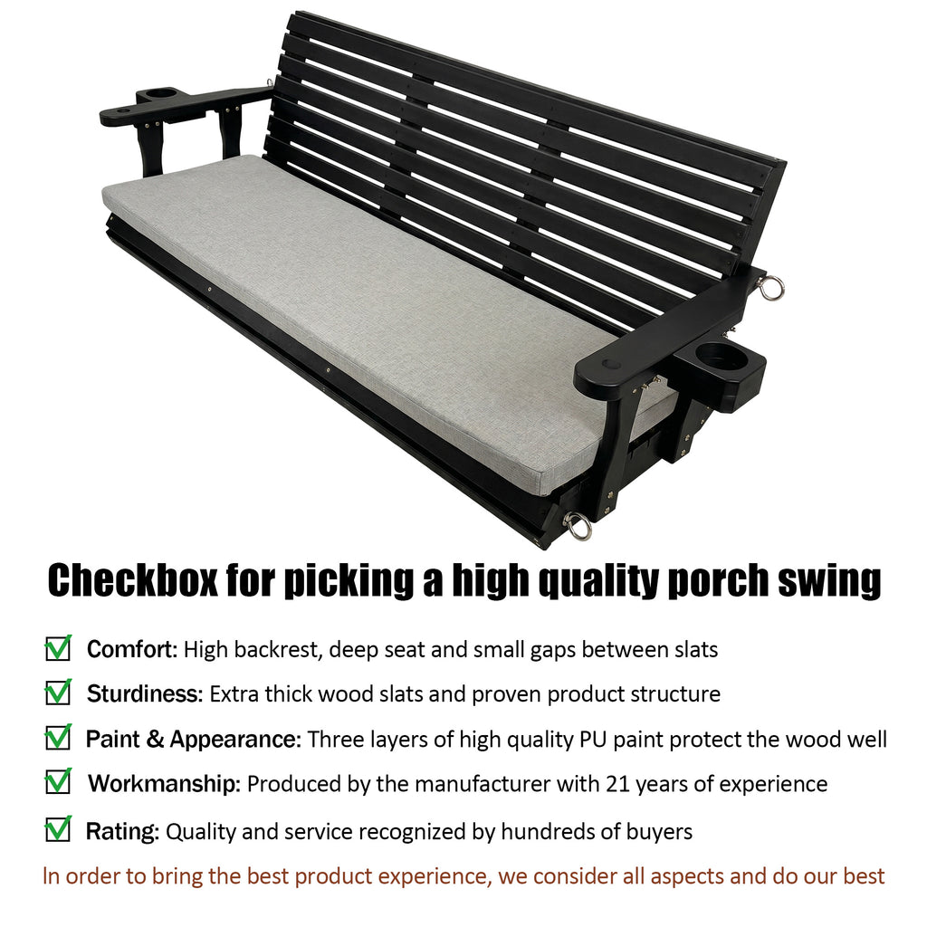 Fortune Candy Extended 3-Seater Wooden Porch Swing with Seat Cushion, Cup Holders, Hanging Chains and 7mm Springs, Heavy Duty 880 LBS (Black, 5.5 FT)