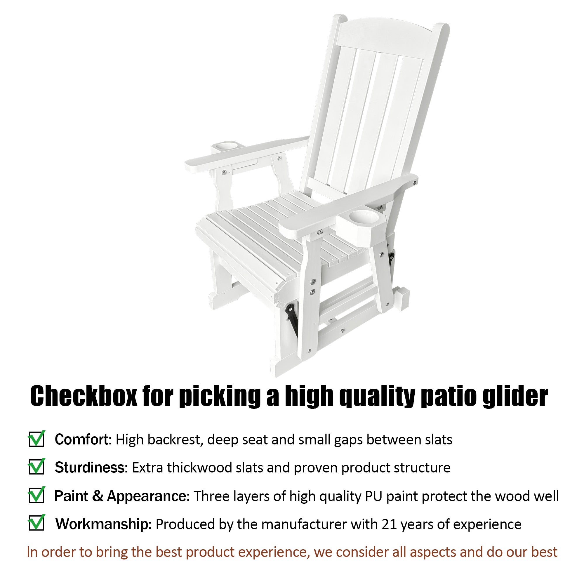 Wooden Patio Glider for One Person, with High Back and Deep Contoured Seat, Solid Fir Wood, Heavy Duty 600 LBS (Slat Back, White)