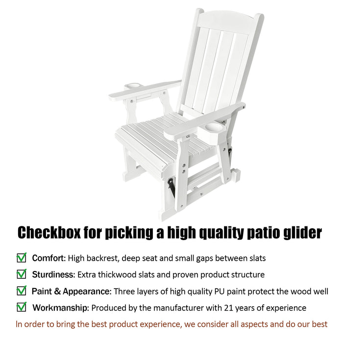 Wooden Patio Glider for One Person, with High Back and Deep Contoured Seat, Solid Fir Wood, Heavy Duty 600 LBS (Slat Back, White)