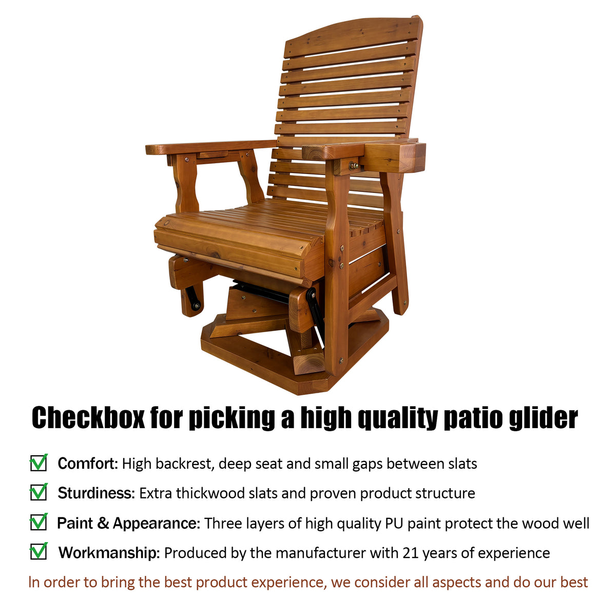 Wooden Swivel Glider Chair, 360° Outdoor Patio Rocker with Ergonomic Design, Smooth Gliding Motion, Solid Fir Wood, Weather-Resistant PU Finish, Heavy Duty 500 LBS (Teak Tone)