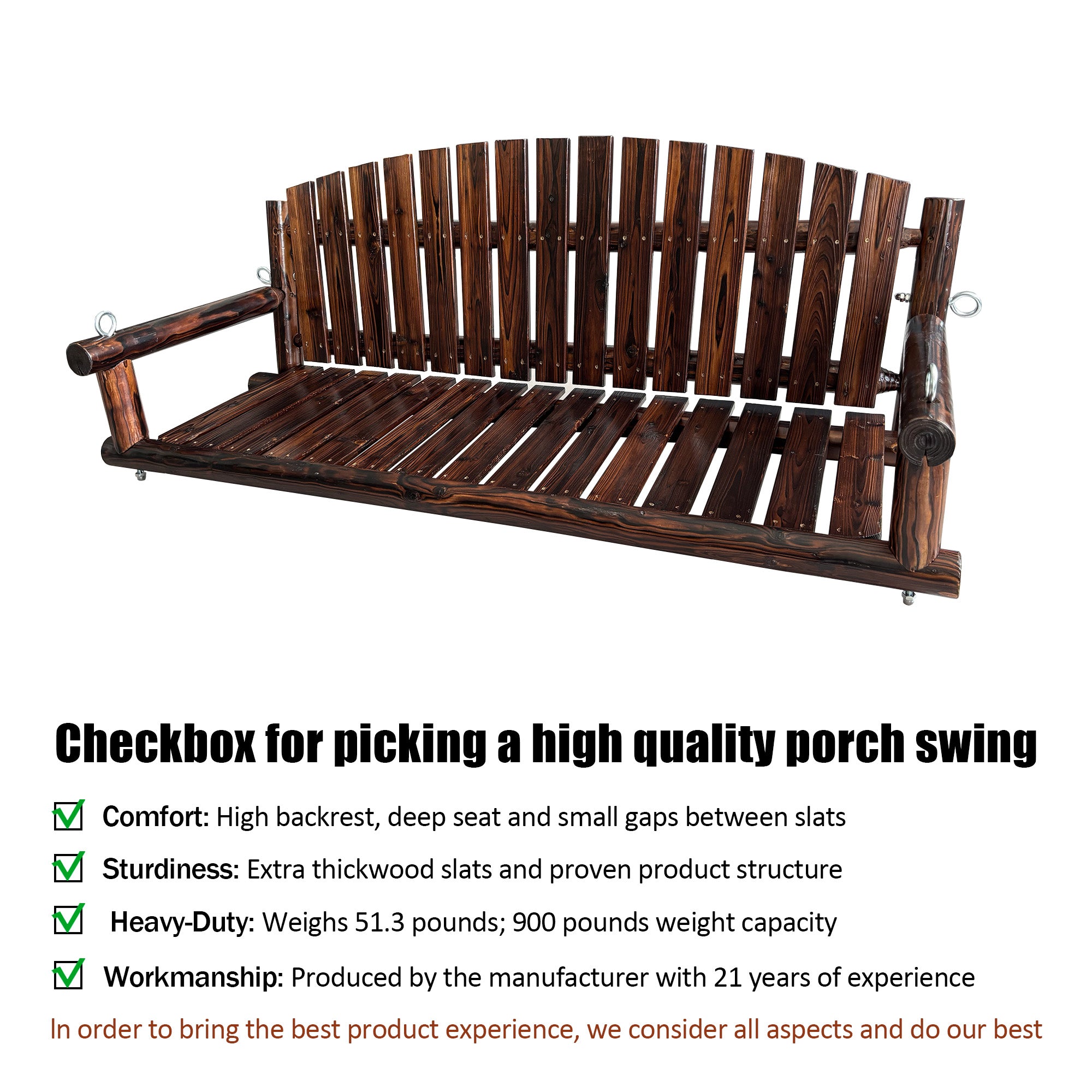 5FT Rustic Log Wooden Porch Swing, Heavy-Duty 900 LBS, Outdoor Hanging Bench for Patio, Garden, Yard – Solid Fir Wood, Handcrafted, Weather-Resistant Finish