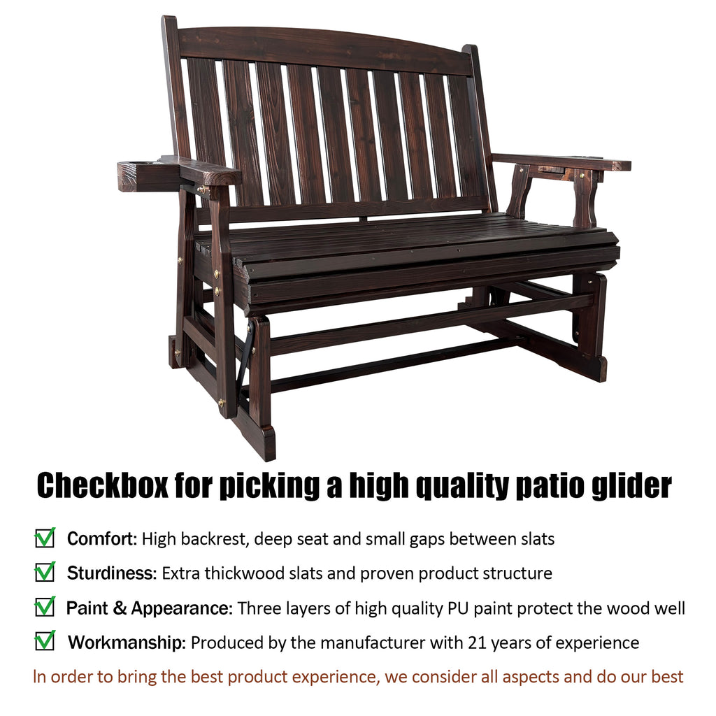 Fortune Candy Wooden Patio Glider, with Cup Holders, High Back and Deep Contoured Seat, Solid Fir Wood, Heavy Duty 800 LBS (Deep Brown, 2-Seater)