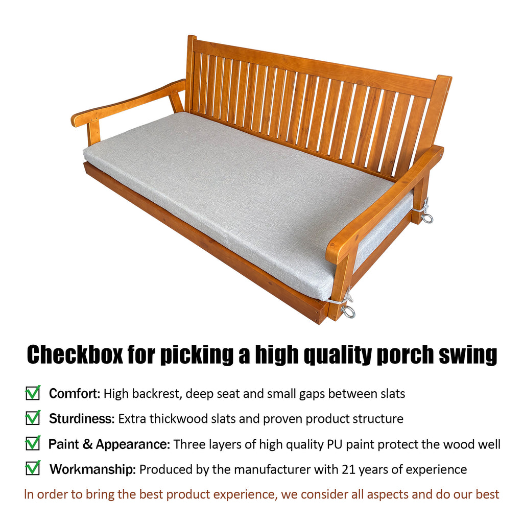 6 FT Wooden Porch Swing Bed with Thick Cushion – Outdoor Hanging Daybed for Patio or Porch, Solid Fir Wood Frame, Weather-Resistant, Heavy Duty 1000 LBS
